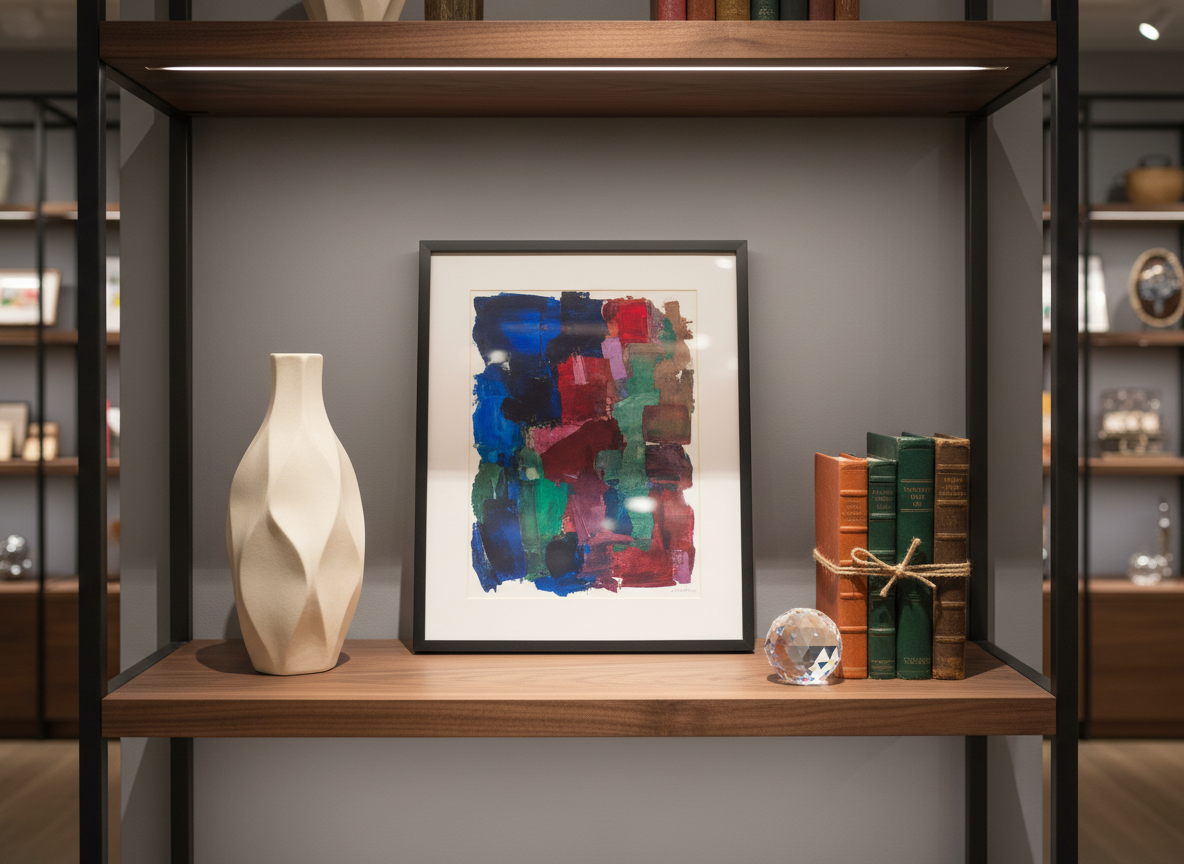 A meticulously styled display shelf in a modern boutique setting, filled with unique items: a framed abstract art print with muted jewel tones, a sculptural ceramic vase in matte ivory, a small collection of rare hardcover books with textured spines, and an ornate crystal paperweight. The shelf is made of rich walnut wood set against a soft dove-gray wall. Warm, diffused spotlighting from above creates subtle gradients on surfaces and gentle reflections in the crystal. Photographic realism, eye-level composition using the rule of thirds, with sharp focus on the central objects and a softly blurred background suggesting additional curated shelves. The atmosphere is sophisticated, calm, and curated, ideal for conveying the breadth of a refined treasure emporium.