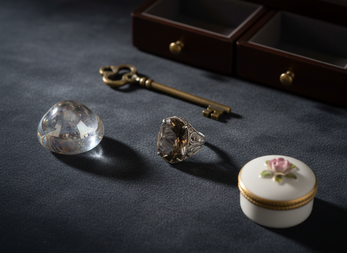 An elegant flat-lay of curated unique treasures arranged on a deep charcoal velvet surface: a hand-crafted silver filigree ring with a smoky quartz stone, a small iridescent glass sculpture, a vintage brass key, and a delicate porcelain trinket box with gold edging. Soft studio lighting from the left creates subtle highlights on metal and glass, with gentle, sophisticated shadows adding depth. In the blurred background, the suggestion of a dark wooden jewelry display box adds context without distraction. Photographic realism, shot from a perfectly overhead bird’s-eye view with a shallow depth of field on the central ring, conveying a luxurious, refined, and timeless mood suitable for a high-end online emporium homepage hero image.