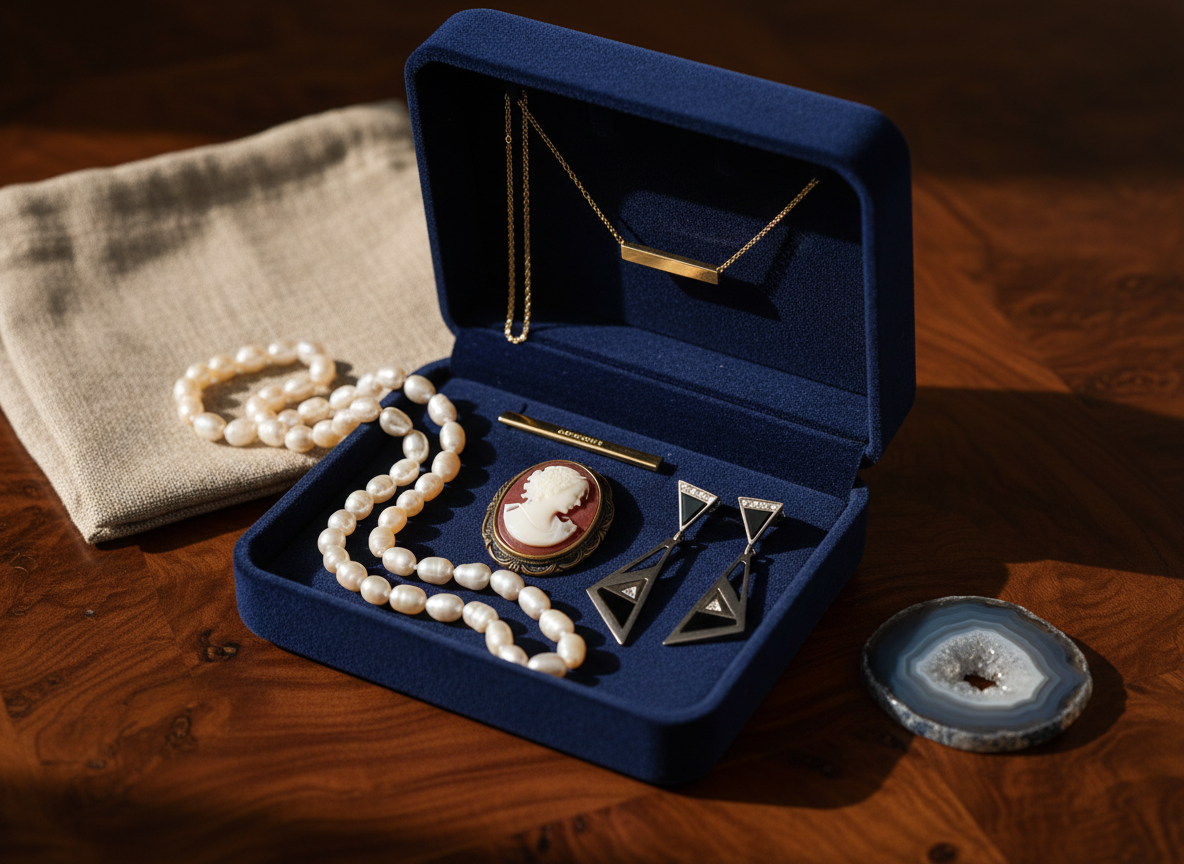 A close-up of an open velvet-lined jewelry box in deep midnight blue, filled with eclectic yet coordinated pieces: a strand of freshwater pearls, a minimalist gold bar necklace, an antique cameo brooch, and a pair of modern geometric earrings with onyx inlay. The box rests on a smooth dark wood table with visible grain, beside a folded linen pouch and a small polished agate slice. Soft, warm side lighting from a nearby unseen lamp casts gentle, elongated shadows and creates delicate highlights on metallic edges and pearl surfaces. Photographic realism, shot from a slightly elevated angle with shallow depth of field, emphasizing textures and fine detail. The mood is intimate, refined, and aspirational, perfectly suited for a sophisticated jewelry and gifts category page.