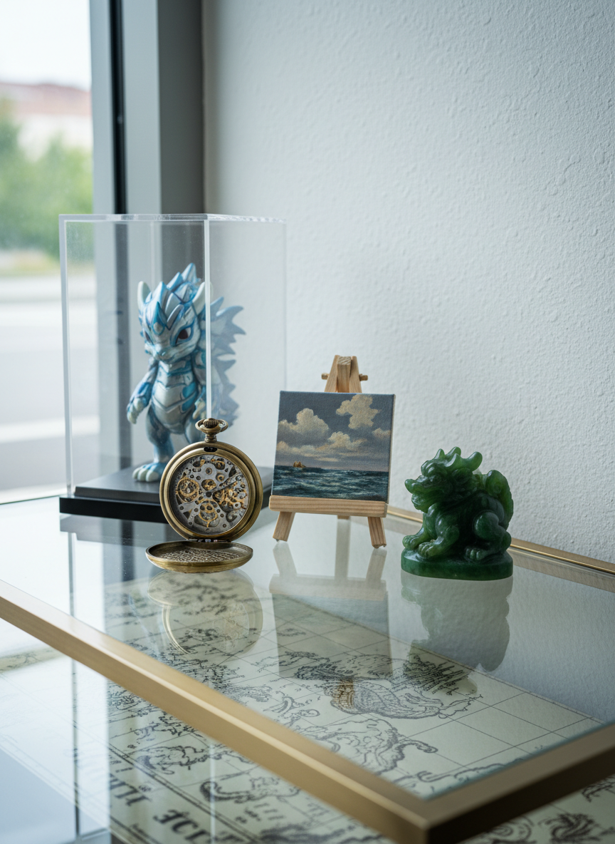 An artful composition of collectible curiosities arranged on a glass-topped console table: a limited-edition vinyl figurine under a clear acrylic display case, a vintage pocket watch resting open to reveal intricate gears, a hand-painted miniature canvas on a tiny easel, and a small carved jade animal figure. Beneath the glass, a faintly visible map print adds subtle intrigue. Cool, diffused natural light from a nearby large window creates soft reflections on the glass and acrylic, with crisp yet understated shadows. Photographic realism, captured at eye level with an asymmetrical composition that leaves negative space on one side for elegant text overlay. The mood is cultured, slightly mysterious, and highly curated, ideal for a collectibles or rare finds section.